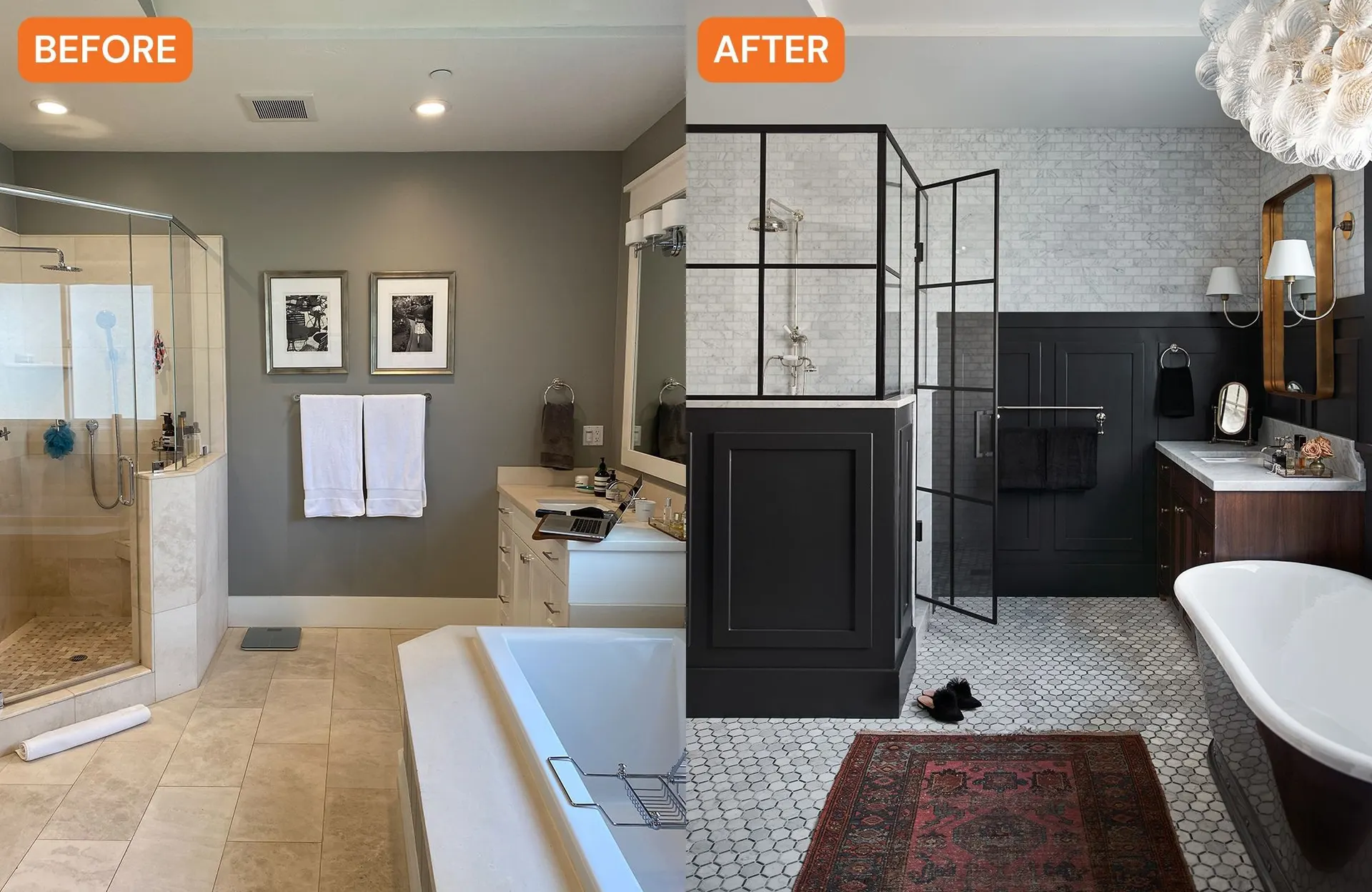 Bathroom shower and vanity before and after remodeling